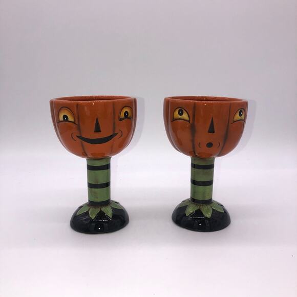 Johanna Parker Transpac Set Of 2 Jack O Lantern Pumpkin Goblets Halloween New - Picture 8 of 8